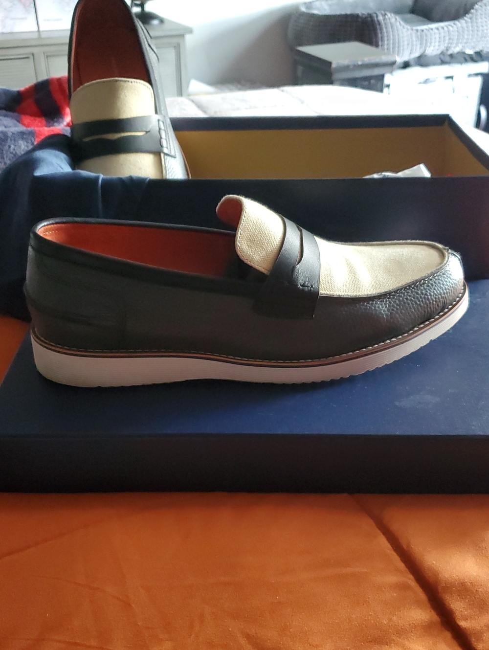 Two-Tone Black and Cream Slip-On Penny Loafers